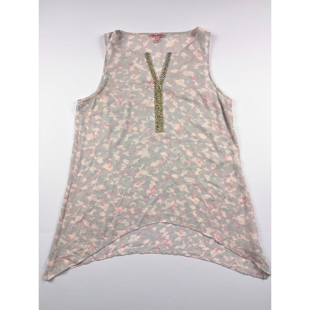 Juicy Couture Womens Grey Pink Abstract Print Rhinestone V-Neck Blouse Large